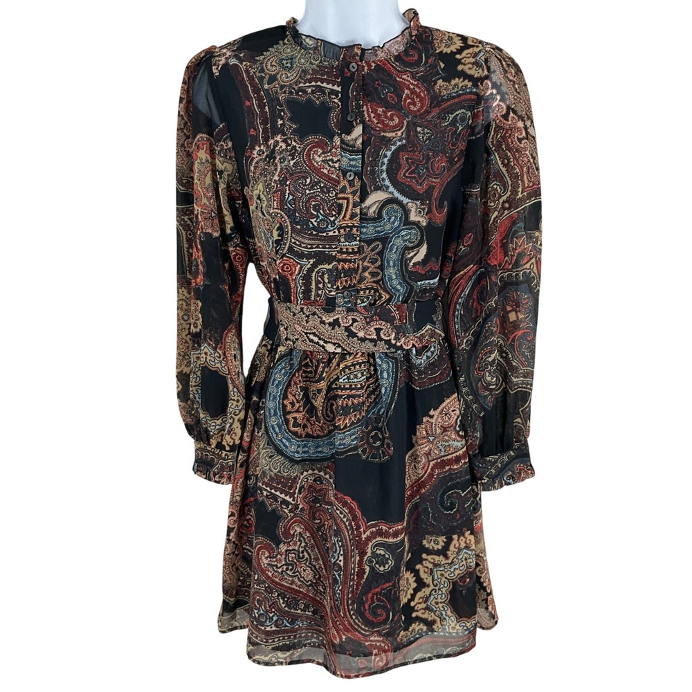 Zara Paisley Mini Dress Womens XS Black Red Chiffon Boho Ruffle Earthy Whimsical